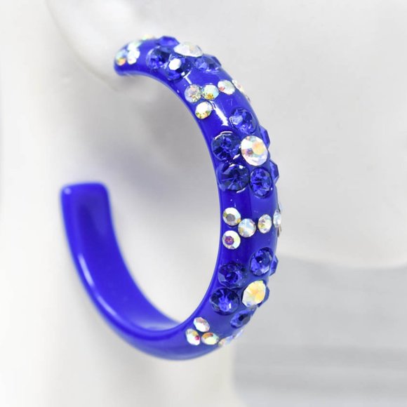 2" Flower Pattern Royal Lucite Rhinestone Earrings - Picture 5 of 12